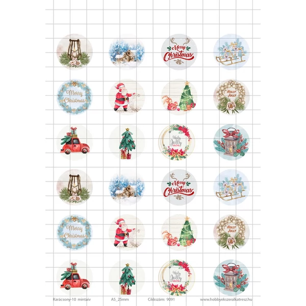 Karácsony-10 Üveglencsés ékszerpapír 25mm 12 féle minta A5