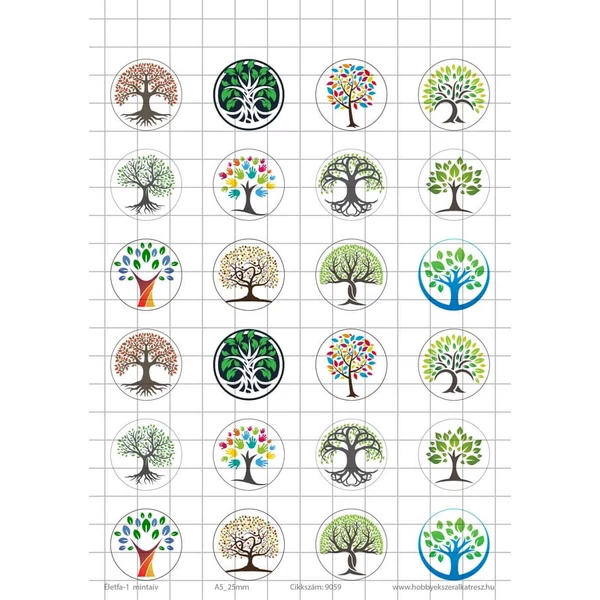 Eletfa-1 Üveglencsés ékszerpapír 25mm 12 féle minta A5