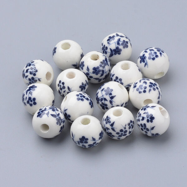Kék virágos golyó alakú porcelán, kerámia gyöngy (8mm)