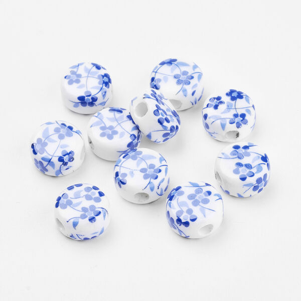 Kék virág mintás lapított porcelán, kerámia gyöngy (12x7mm)