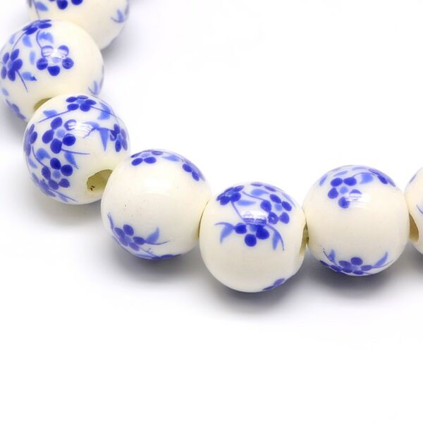 Kék-fehér virág mintás porcelán, kerámia gyöngy (10mm)