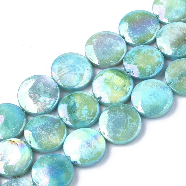 6db színezett lapos kerek alakú cián kék színű kagyló gyöngy (10~11.5x3~4mm)