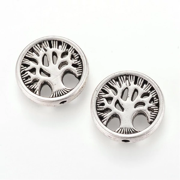 Antikolt ezüst színű életfa mintás lapított gyöngy (18x4mm)