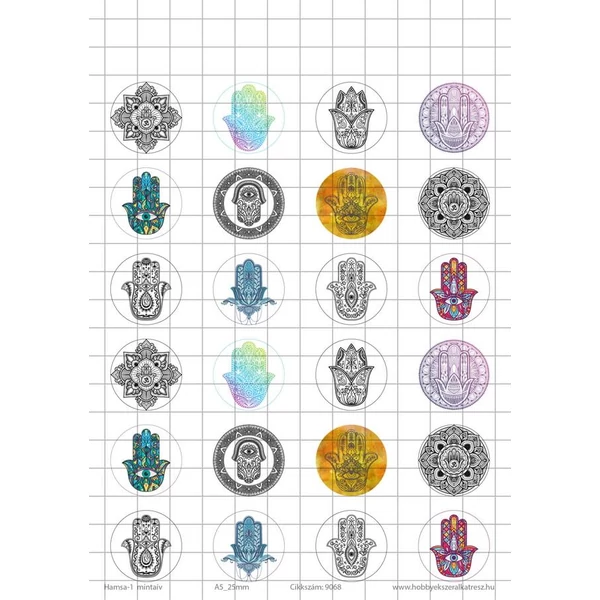 Hamsa-1 Üveglencsés ékszerpapír 25mm 12 féle minta A5