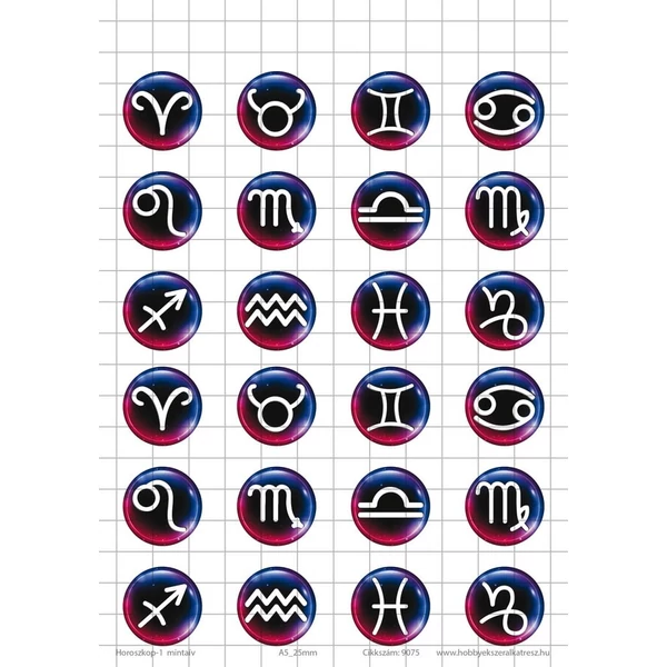 Horoszkóp-1 Üveglencsés ékszerpapír 25mm 12 féle minta A5
