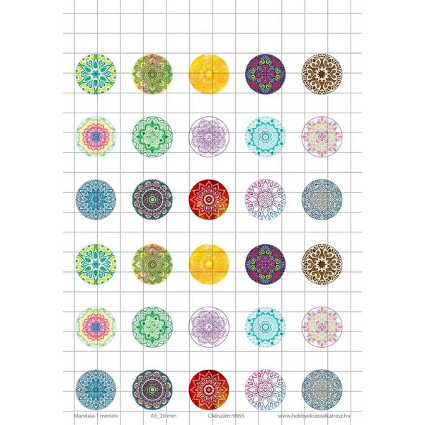 Mandala-1 Üveglencsés ékszerpapír 20mm 15 féle minta A5