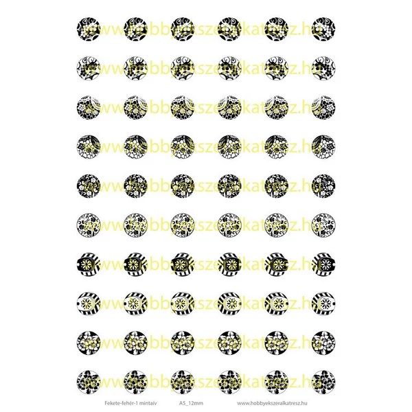 Fekete-fehér-1 Üveglencsés ékszerpapír 12mm 10 féle minta A5