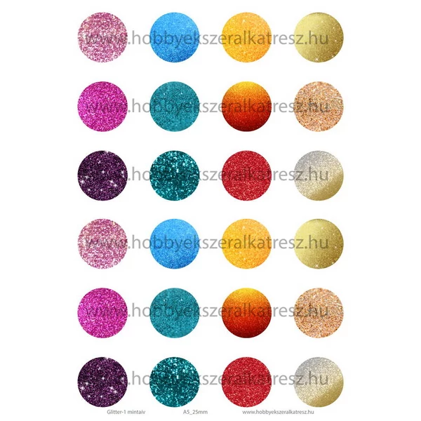 Glitter-1 Üveglencsés ékszerpapír 25mm 12 féle minta A5
