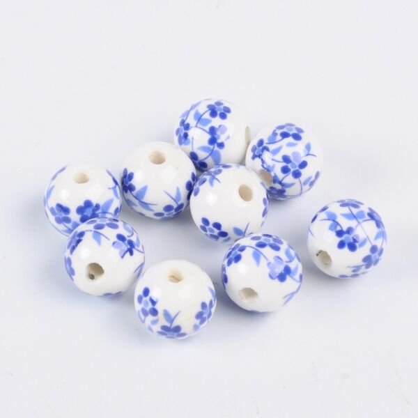 kék virágos, golyó alakú porcelán, kerámia gyöngy (12mm)