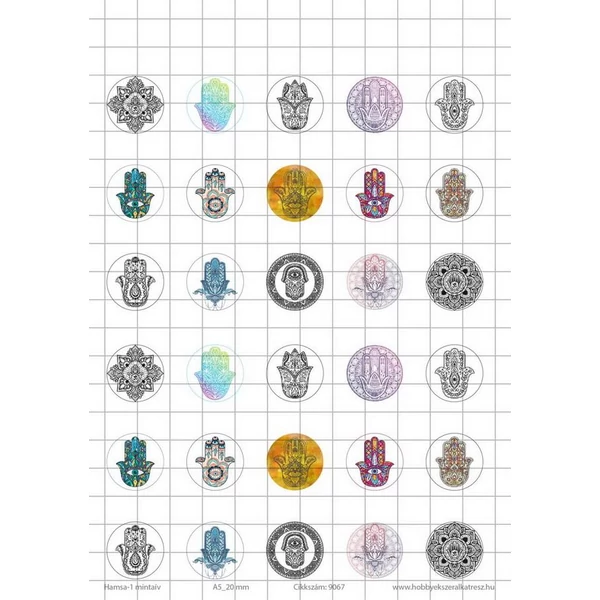 Hamsa-1 Üveglencsés ékszerpapír 20mm 15 féle minta A5