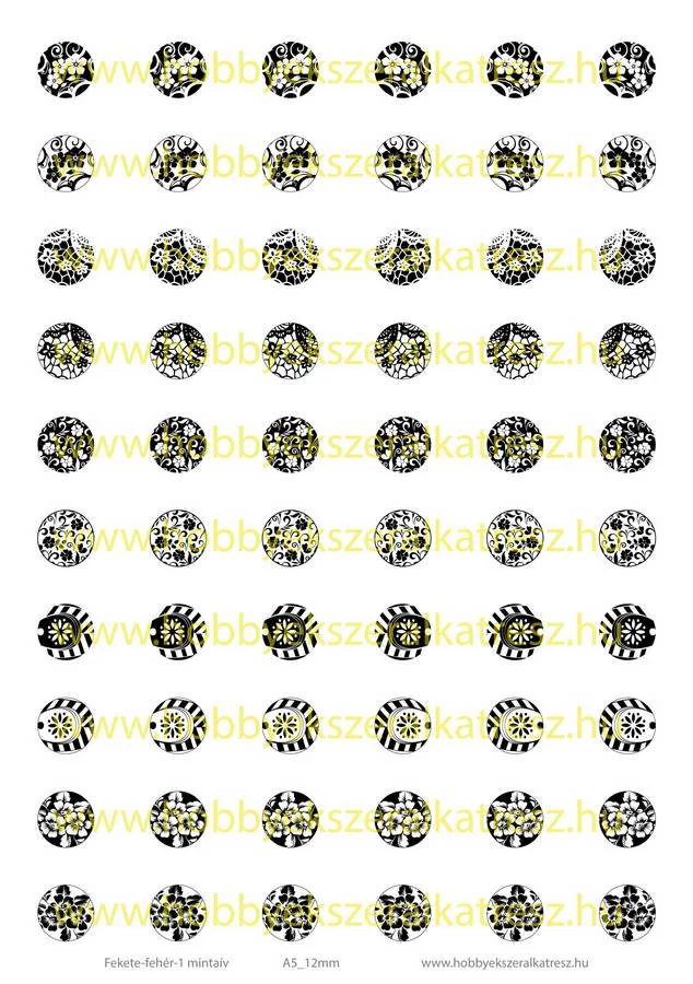 Fekete-fehér-1 Üveglencsés ékszerpapír 12mm 10 féle minta A5