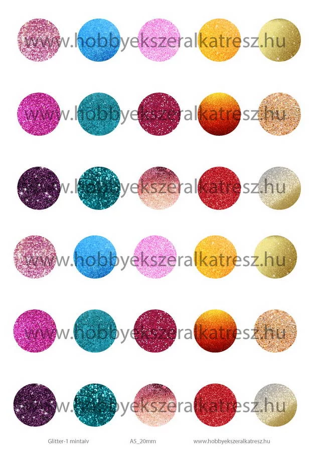 Glitter-1 Üveglencsés ékszerpapír 20mm 15 féle minta A5