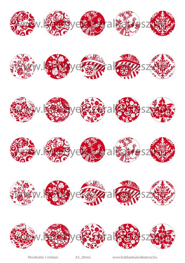 Pirosfestős-1 Üveglencsés ékszerpapír 20mm 15 féle minta A5