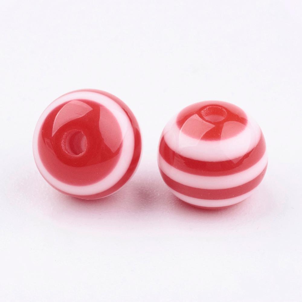 10db Piros-fehér csíkos műanyag gyöngy (8mm)