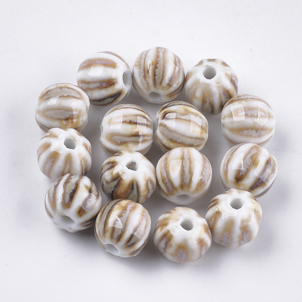 Világos barna csíkos porcelán, kerámia gyöngy (12x10mm)