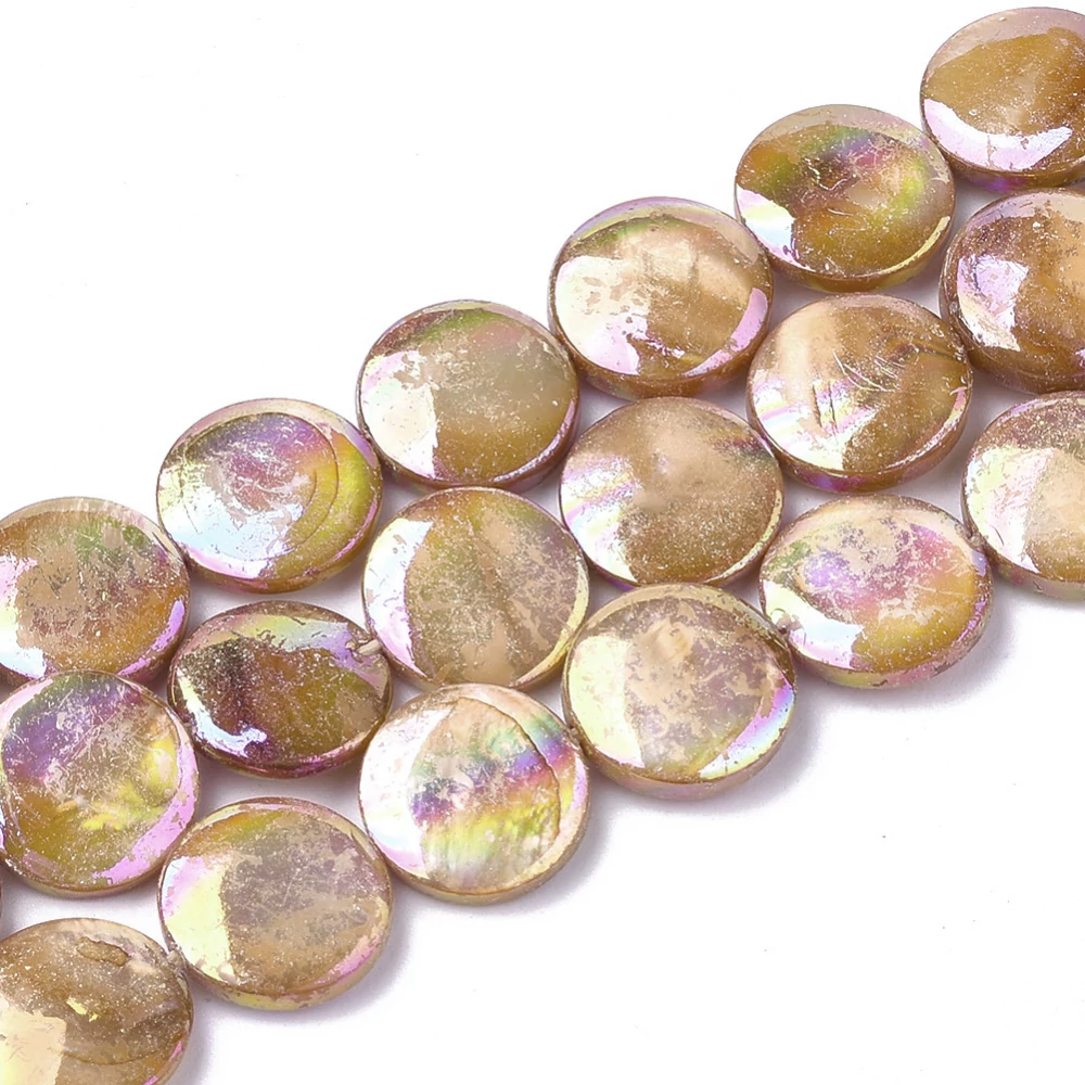 6db Színezett lapos kerek alakú  aranyvessző színű kagyló gyöngy (10~11.5x3~4mm)