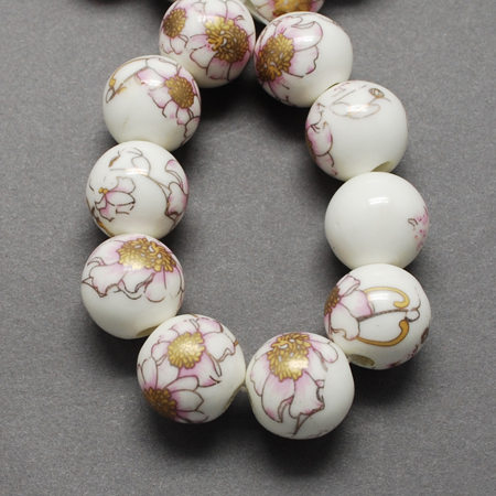 Fehér virágos golyó alakú porcelán, kerámia gyöngy (8mm)
