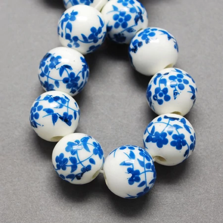 Királykék virág mintás porcelán, kerámia gyöngy (12mm)