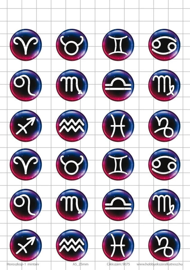 Horoszkóp-1 Üveglencsés ékszerpapír 25mm 12 féle minta A5