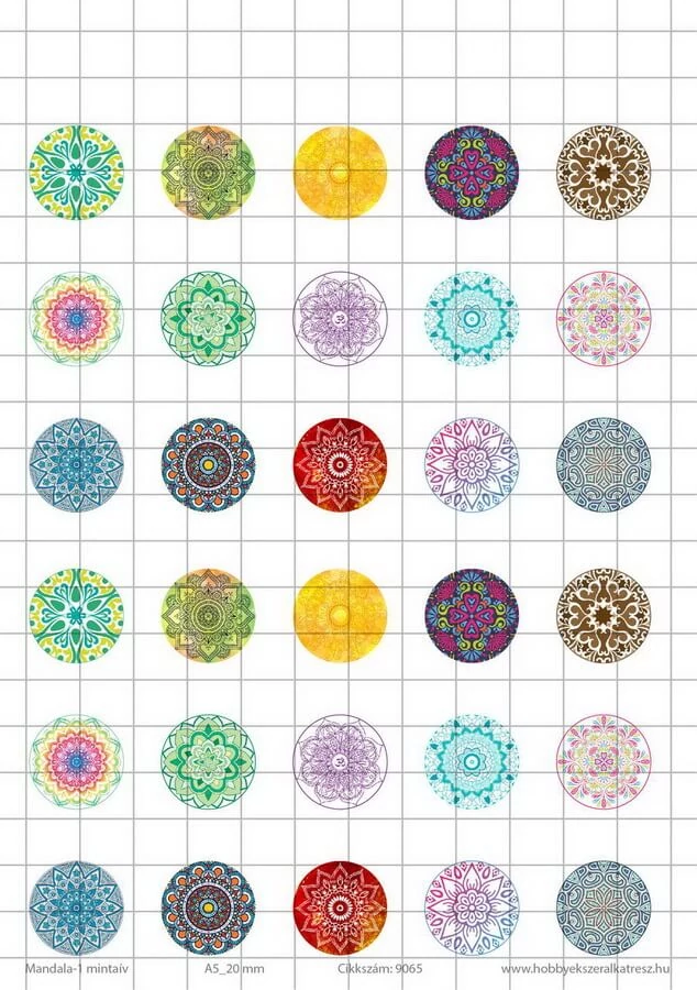Mandala-1 Üveglencsés ékszerpapír 20mm 15 féle minta A5